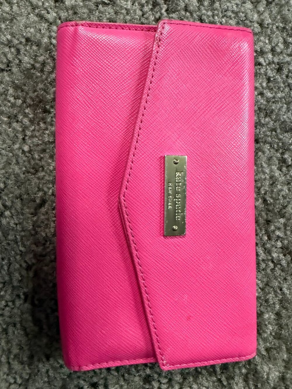 Kate Spade Hot Pink Saffiano Leather Stacy Trifold Wallet | Gold Logo Plaque